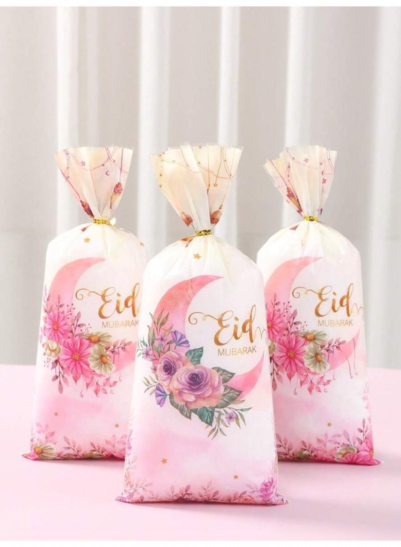 Eid giveaways Eid Mubarak floral candy bags set of 25 with elegant design and golden ties for treats and gifts - Image 1